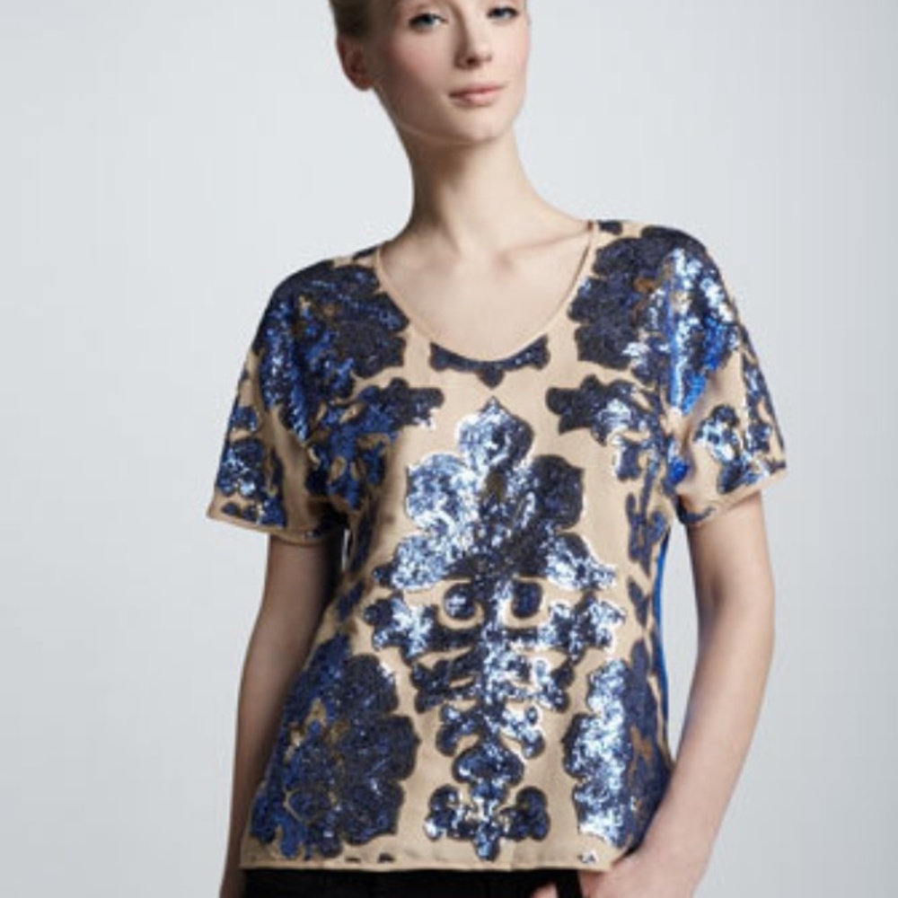 NWT Tracy Reece Sequin Top Blouse Shirt Blue Gold
